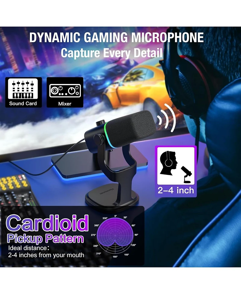 ZealSound Xlr/Usb Dynamic Microphone for Gaming Podcast,Mic for iPhone Phone Pc Computer Gaming Streaming Microphone with Rgb Light,Mute Button,Mic Ga