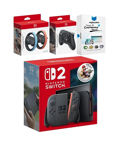 Nintendo Switch 2 Mario Kart World Bundle with Pro Controller, Joy Con Wheel and MightySkins Code