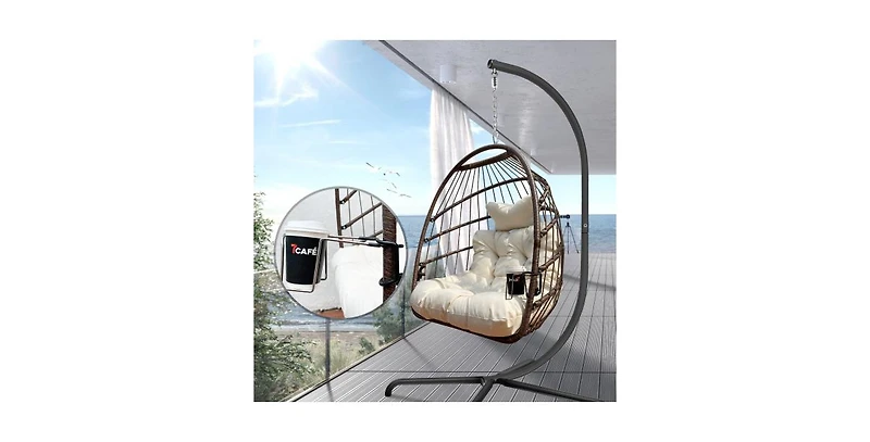 Flynama 350lb Capacity Wicker Egg Hanging Chair with Stand Removable Guardrail and Cup Holder