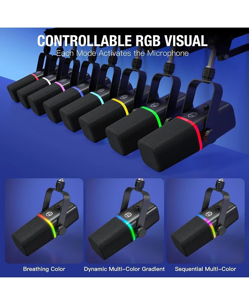 Xlr/Usb Dynamic Microphone for Gaming Podcast,Mic for iPhone Phone Pc Computer Gaming Streaming Microphone with Rgb Light,Mute Button,Mic Gain,Headpho