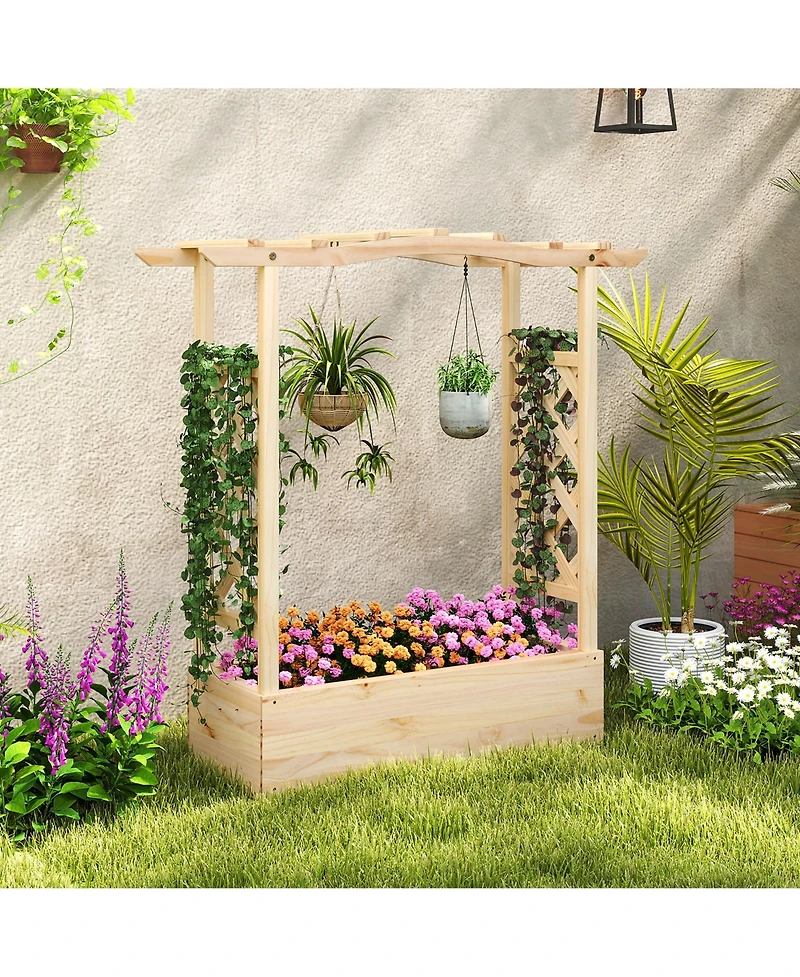 Gymax Wooden Raised Garden Bed w/ Trellis & Hanging Roof Planter Box Drainage System