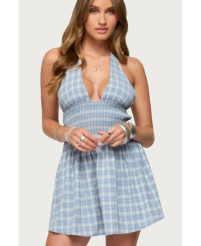 Edikted Women's Plaid Smocked Halter Mini Dress
