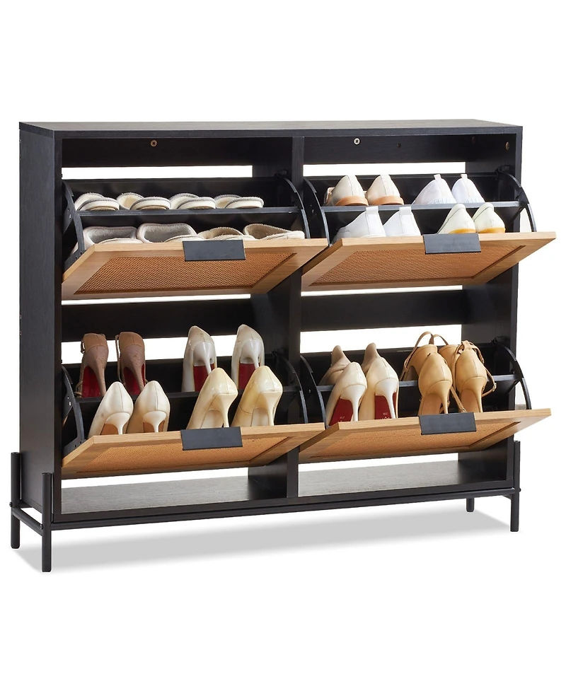Slickblue Narrow Rattan Shoe Cabinet with 4 Flip Drawers, Slim Entryway Storage with Metal Legs