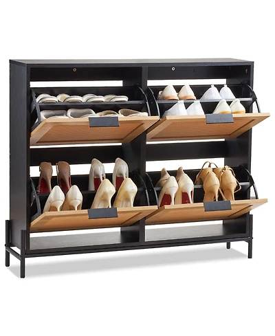 Slickblue Narrow Rattan Shoe Cabinet with 4 Flip Drawers, Slim Entryway Storage with Metal Legs