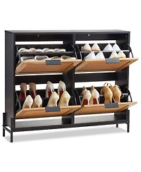 Slickblue Narrow Rattan Shoe Cabinet with 4 Flip Drawers, Slim Entryway Storage with Metal Legs
