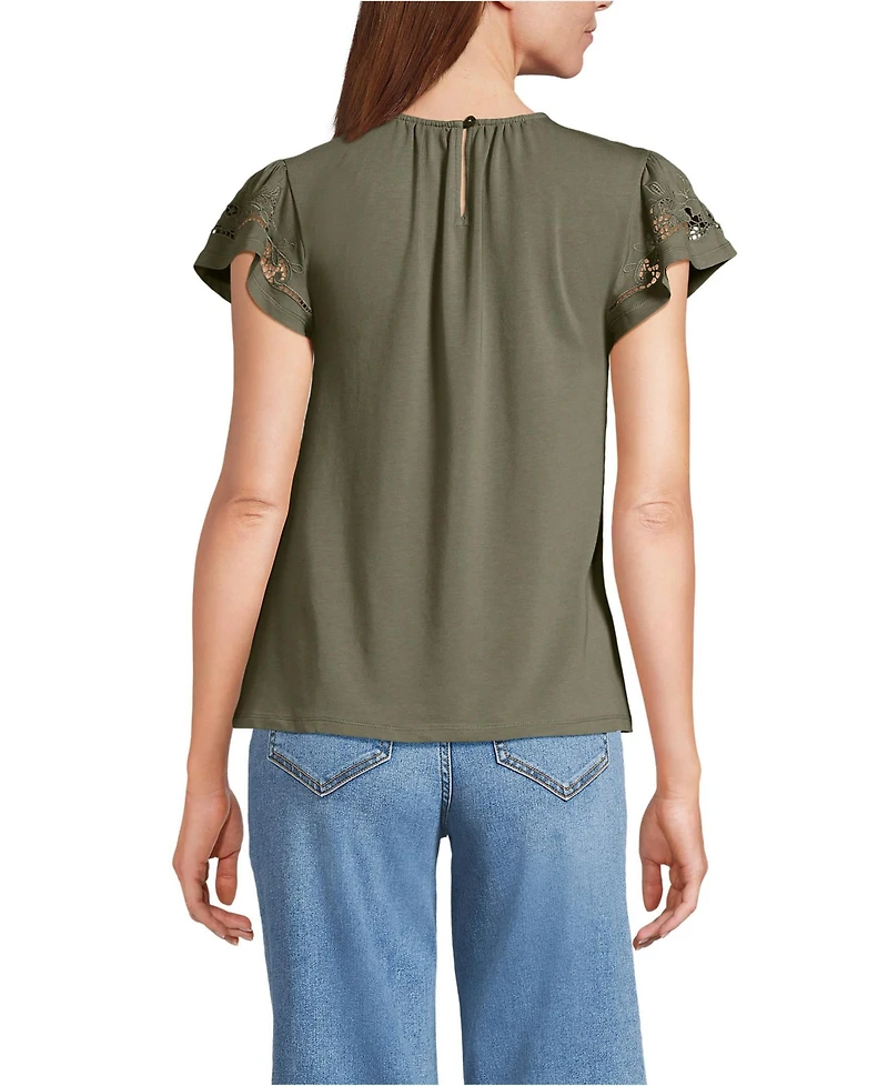 Lands' End Women's Lightweight Jersey Crew Neck Ruffle Sleeve Flowy Top