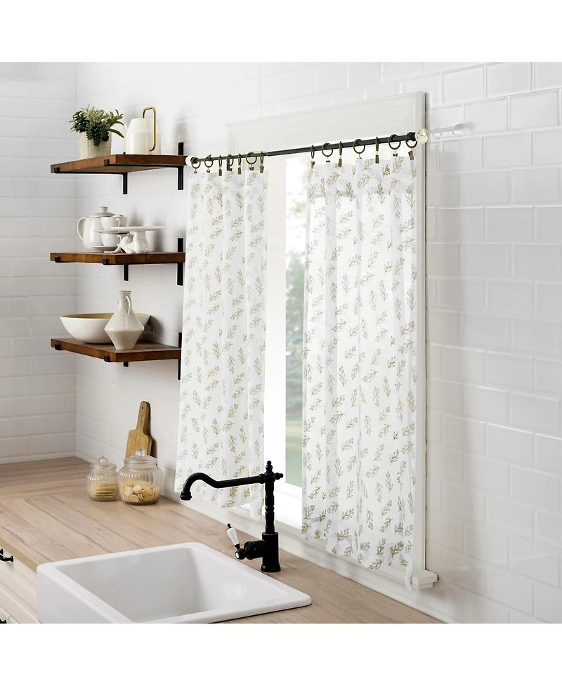 No. 918 Hollis Floral Leaf Sheer Rod Pocket Kitchen Curtain Tier Pair