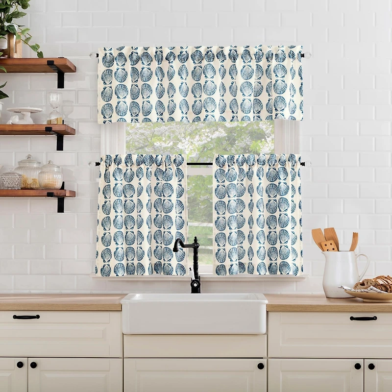 No. 918 Seaside Tonal Seashell Print Semi-Sheer Rod Pocket Kitchen Curtain Valance