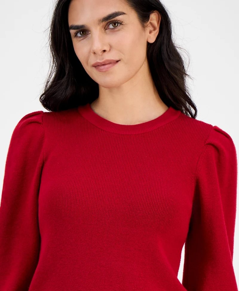 Ak Anne Klein Petite Crewneck Long-Puff-Sleeve Sweater