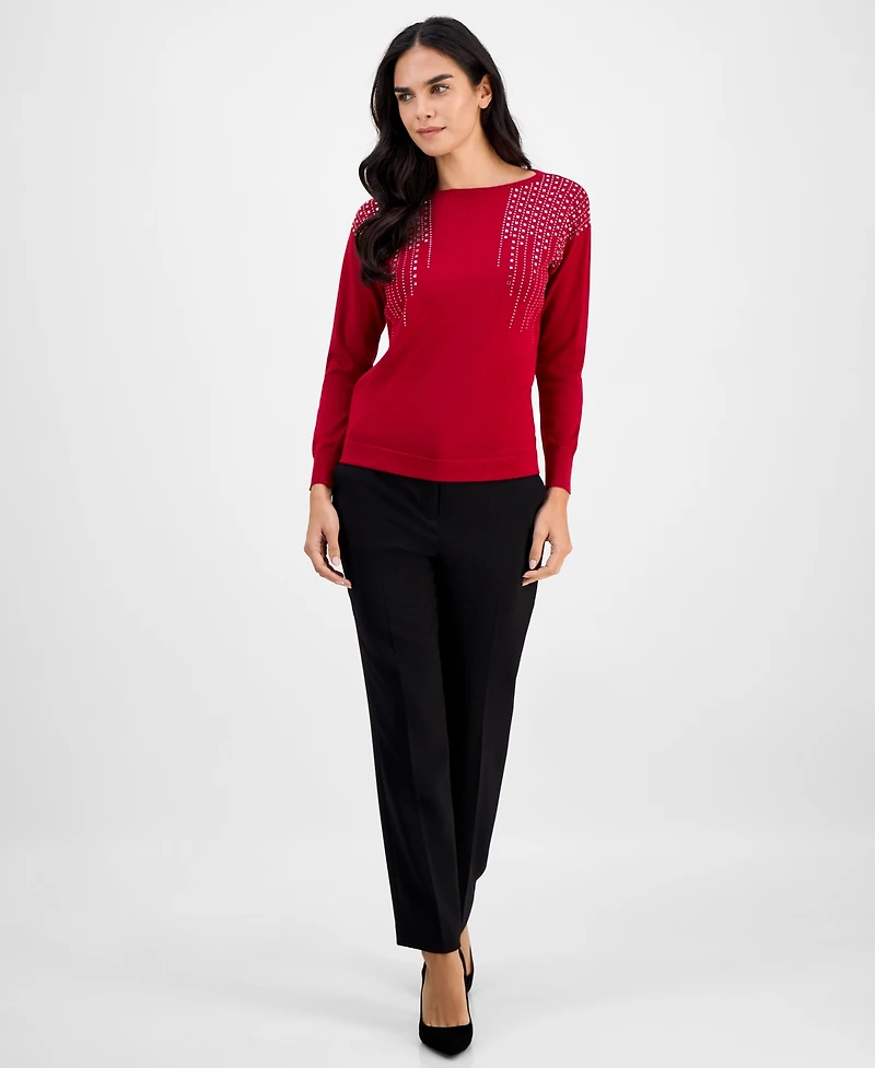 Ak Anne Klein Petite Embellished Boat-Neck Long-Sleeve Top