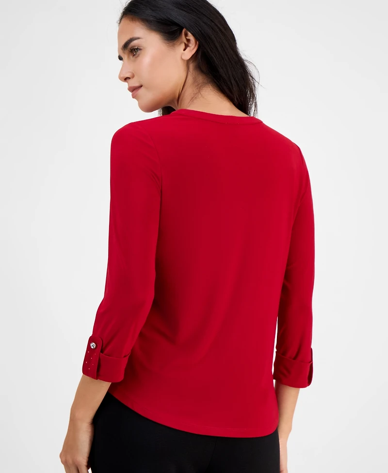 Ak Anne Klein Petite Embellished-Neck Roll-Tab-Sleeve Top