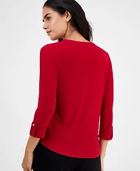 Ak Anne Klein Petite Embellished-Neck Roll-Tab-Sleeve Top