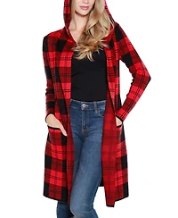 Belldini Women's Hooded Checkered Plaid Coatigan Sweater