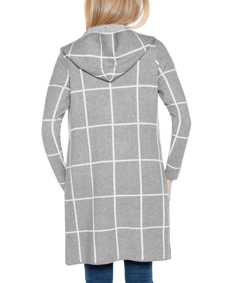 Belldini Women's Hooded Windowpane Plaid Coatigan Sweater