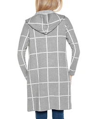 Belldini Women's Hooded Windowpane Plaid Coatigan Sweater
