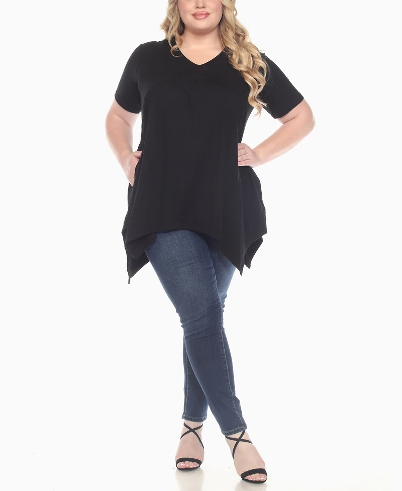 White Mark Plus Short Sleeve Shirred Front Knit Top
