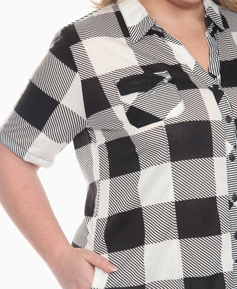 White Mark Plus Short Sleeve Plaid Button-Down Shirt Dress