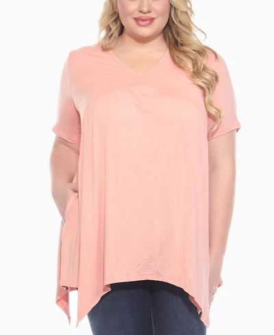 White Mark Plus Short Sleeve Shirred Front Knit Top