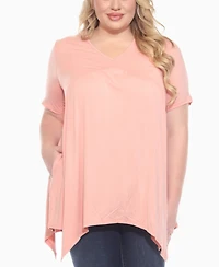 White Mark Plus Short Sleeve Shirred Front Knit Top