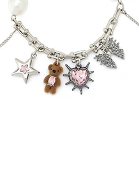 Betsey Johnson Faux Stone Teddy Bead Charm Cultivated Pearl Stretch Bracelet