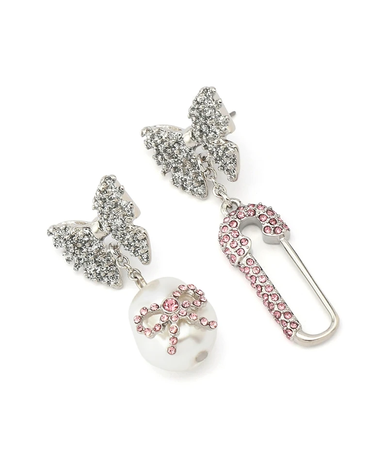 Betsey Johnson Faux Stone Bow Pearl Safety Pin Mismatch Earrings