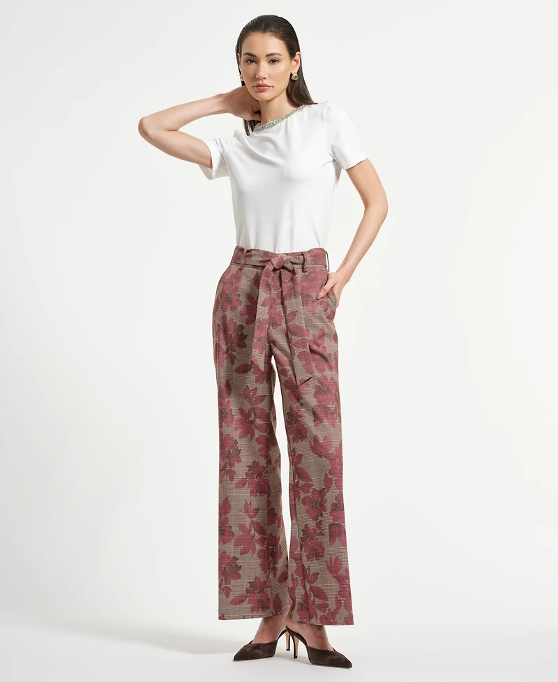 Isaac Mizrahi Women's Wide Leg Belted Plaid Pants