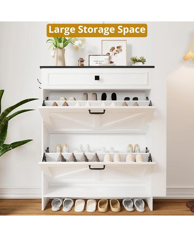 Ironck Shoe Storage Cabinet with 2 Flip Drawers & Barn Door, White/Black