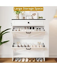 Ironck Shoe Storage Cabinet with 2 Flip Drawers & Barn Door, White/Black