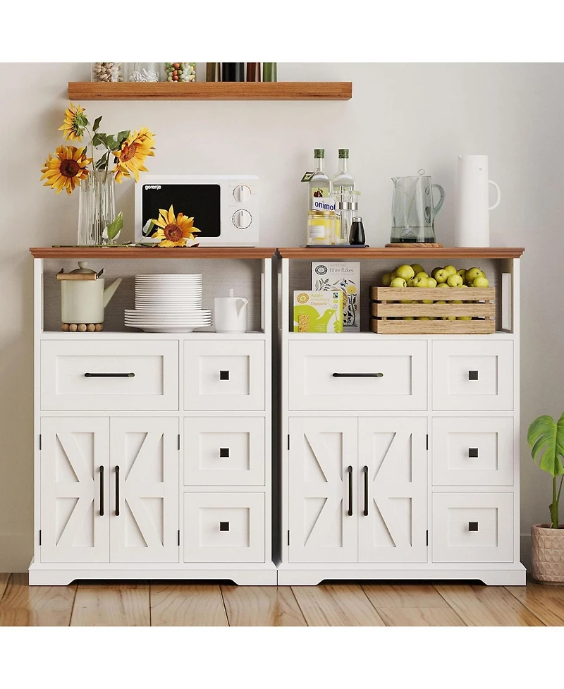 Farmhouse Storage Cabinet with 4 Drawers & Shelves, White/Walnut
