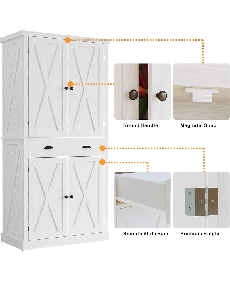 Ironck Kitchen Pantry with Barn Doors, Drawer, 4 Adjustable Shelves, White