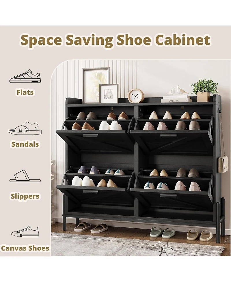 Ironck Shoe Storage Cabinet with 4 Flip Drawers, Metal Legs, Black