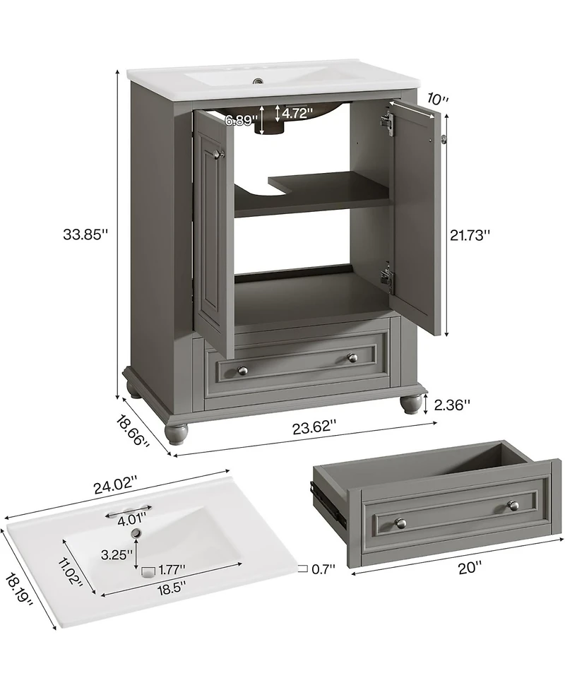 Tribesigns 24" Bathroom Vanity with Ceramic Sink Combo, Freestanding Bathroom Storage Vanity Cabinet with 2 Doors & 1 Drawer, Solid Wooden Frame & Coa