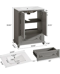 Tribesigns 24" Bathroom Vanity with Ceramic Sink Combo, Freestanding Bathroom Storage Vanity Cabinet with 2 Doors & 1 Drawer, Solid Wooden Frame & Coa