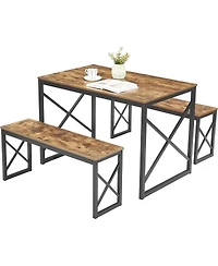 Slickblue Wood-Top Kitchen Dining Table with 2 Backless Benches, Industrial Style