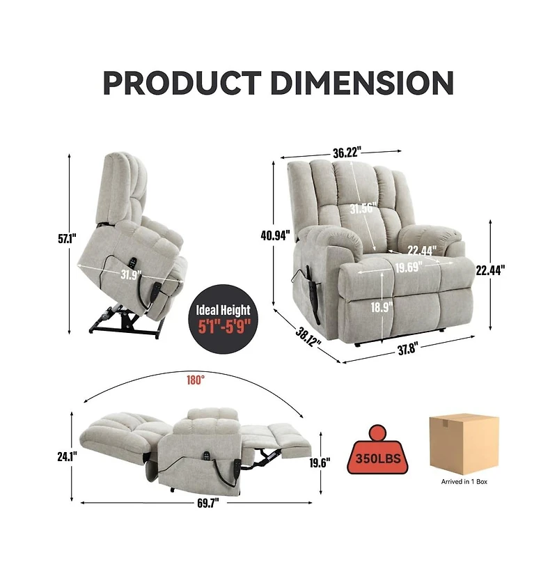 Maison Boucle Chenille Power Lift Recliner for Seniors with Heat & Massage, Dual Motor Electric Chair, Infinite Position-Maison