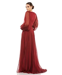 Mac Duggal Women's Sheer Blouson Sleeve Surplice Gown