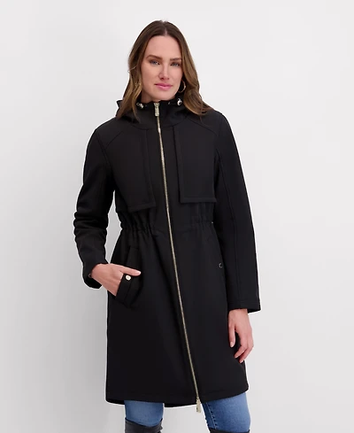 Kensie Women's Shirttail Cinched Waist Hooded Softshell