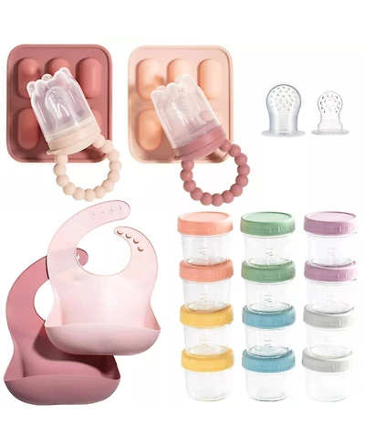 Sperric Baby Feeding Set, Silicone Baby Fruit Feeders, Baby Bibs & 12-Piece Glass Baby Food Storage Containers w/ Lids. Baby Must-Have, Bpa-Free Easy