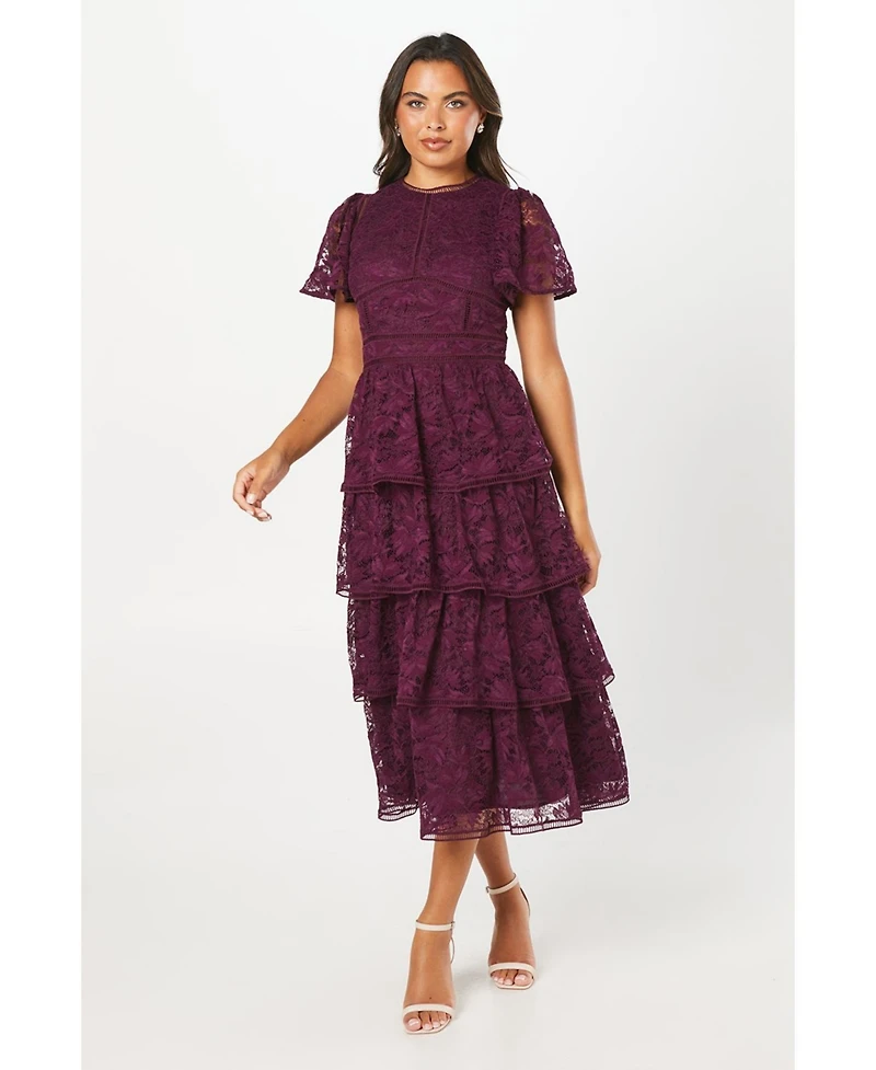 Coast Women's Tiered Lace Dress With Flutter Sleeve