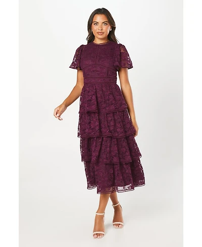 Coast Women's Tiered Lace Dress With Flutter Sleeve