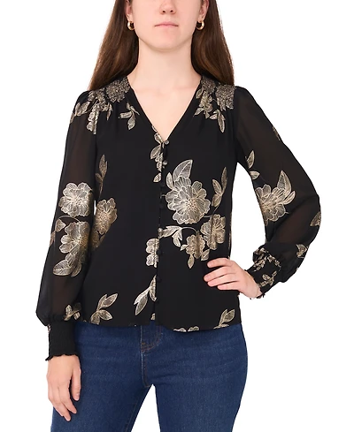 Sam & Jess Petite Button Front Smocked-Trim Long-Sleeve Top