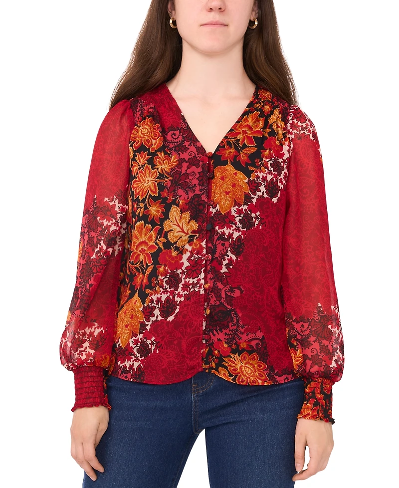 Sam & Jess Petite V-Neck Smocked-Trim Long-Sleeve Top
