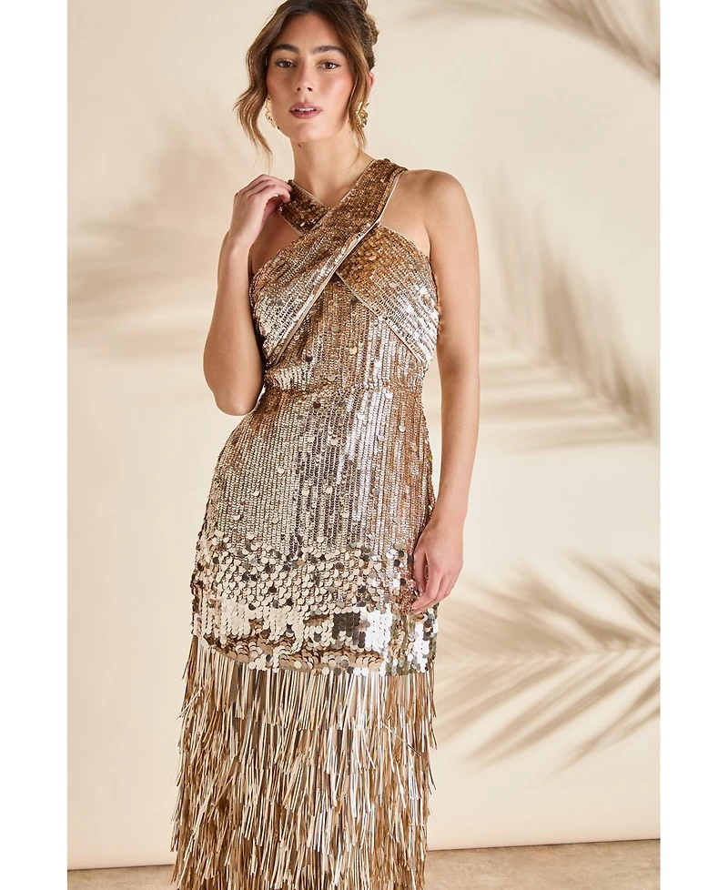 Coast Women's Gold Sequin Tassel Halter Neck Dress