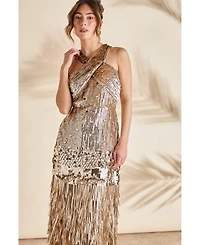 Coast Women's Gold Sequin Tassel Halter Neck Dress