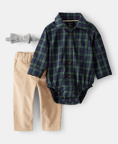 Carter's Baby Boys Plaid Print Bodysuit, Bow Tie and Pants, 3-Piece Set
