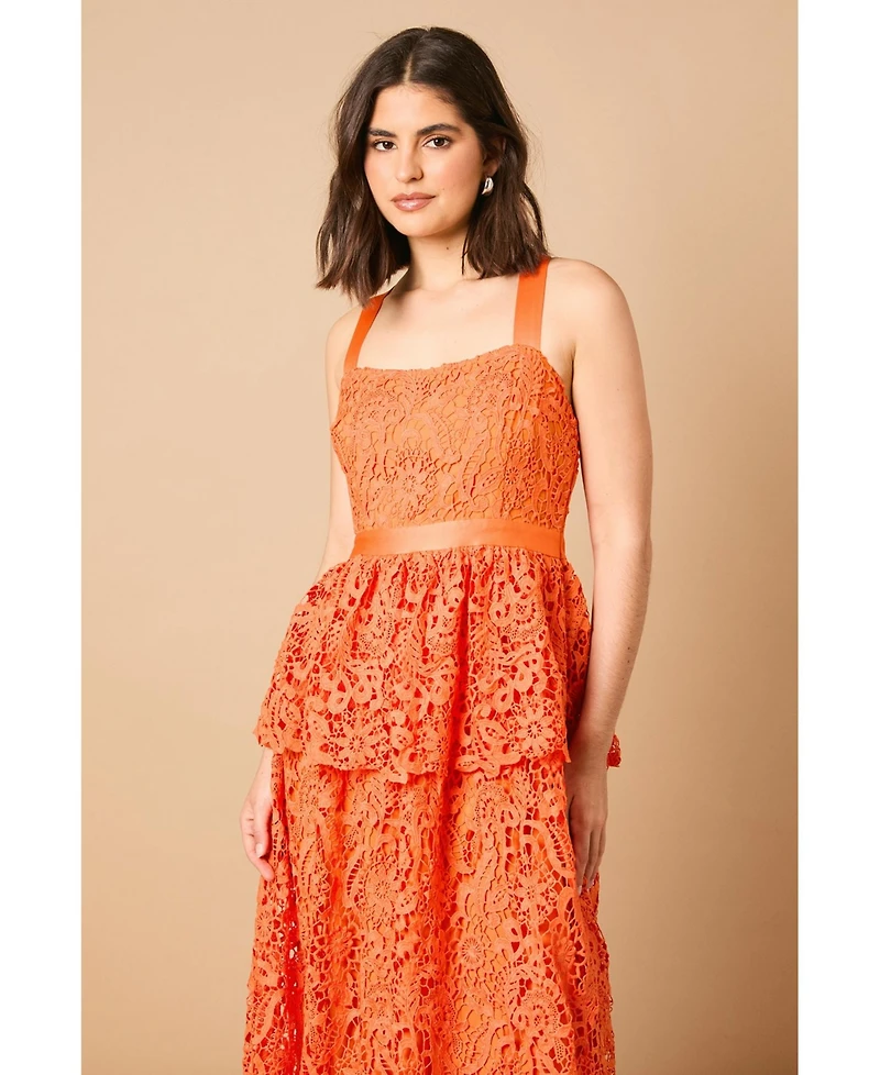 Oasis Women's Cross Strap Tiered Lace Midi Dress