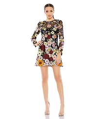 Mac Duggal Women's Sequined High Neck Ruffled Flutter Sleeve Midi Dress