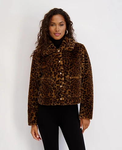 Kensie Women's Short Faux Leopard Patch Pocket Jacket