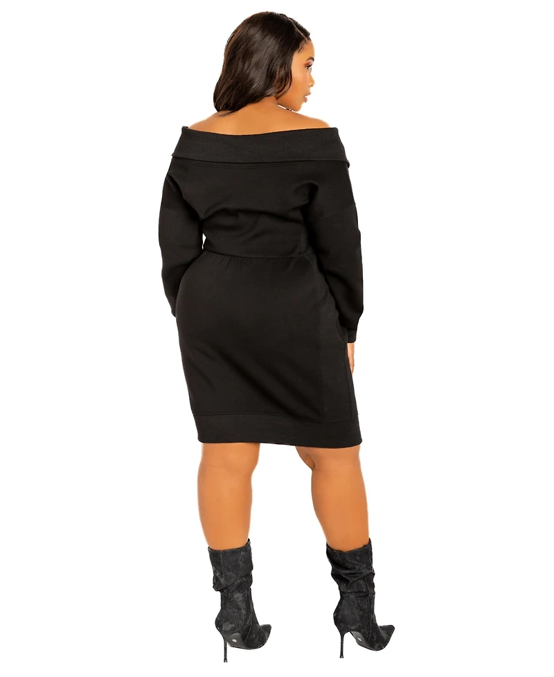 Buxom Couture Women's Plus Off Shoulder Zip-up Sweater Dress