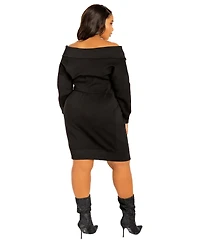 Buxom Couture Women's Plus Off Shoulder Zip-up Sweater Dress